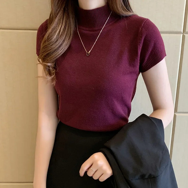 🌸 Elegant Women’s Summer Half-Turtleneck Slim Knitted T-Shirt