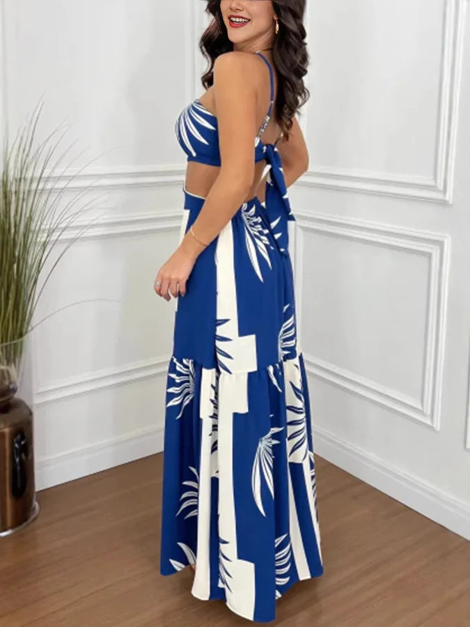 🌴 Tropical Goddess – Backless Halter Maxi Dress