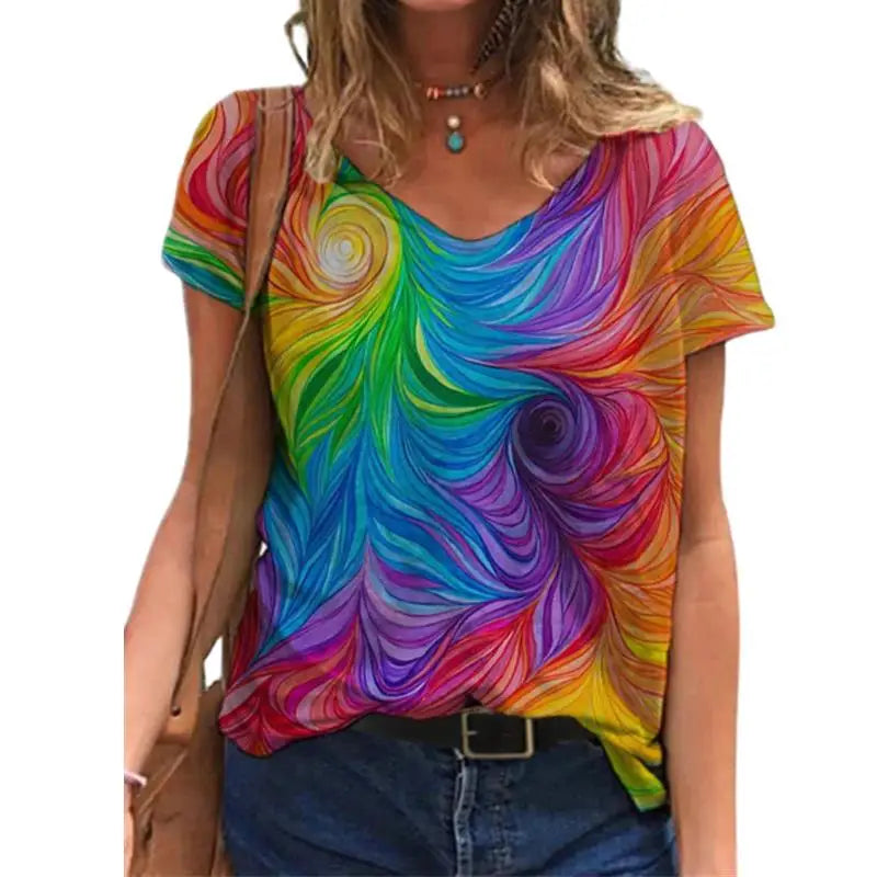 🌸 Women’s 3D Floral V-Neck T-Shirt – Summer Streetwear Chic in Full Bloom