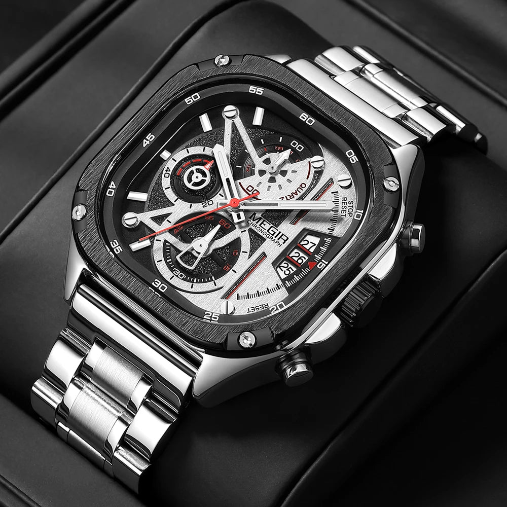 ⌚ MEGIR Silver Quartz Watch for Men – Stylish, Waterproof & Chronograph