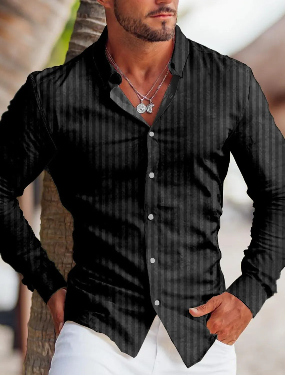 👕 Men’s Spring 3D Printed Striped Lapel Long Shirt — Casual Single-Breasted Button Cardigan