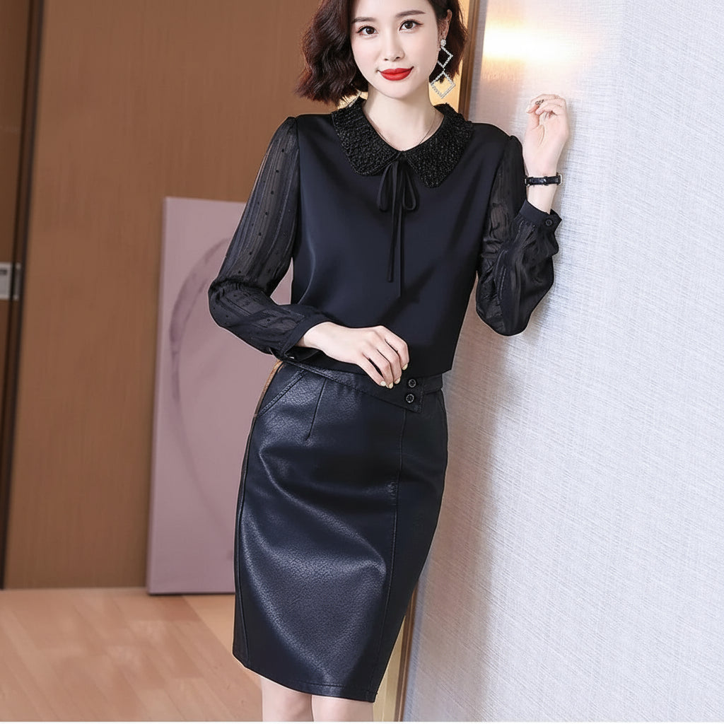 🖤 Elegant Black Mesh Chiffon Blouse – Urban Office Chic