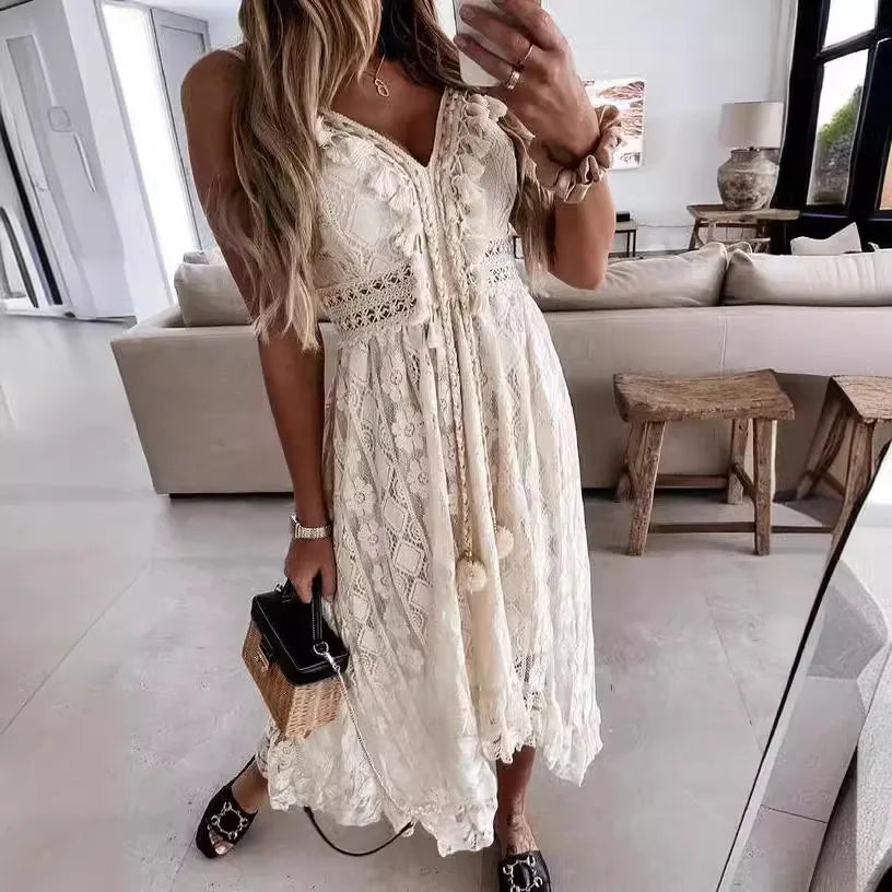 ☀️ Summer Lace Strapless Maxi Dress – Boho Elegance in Motion
