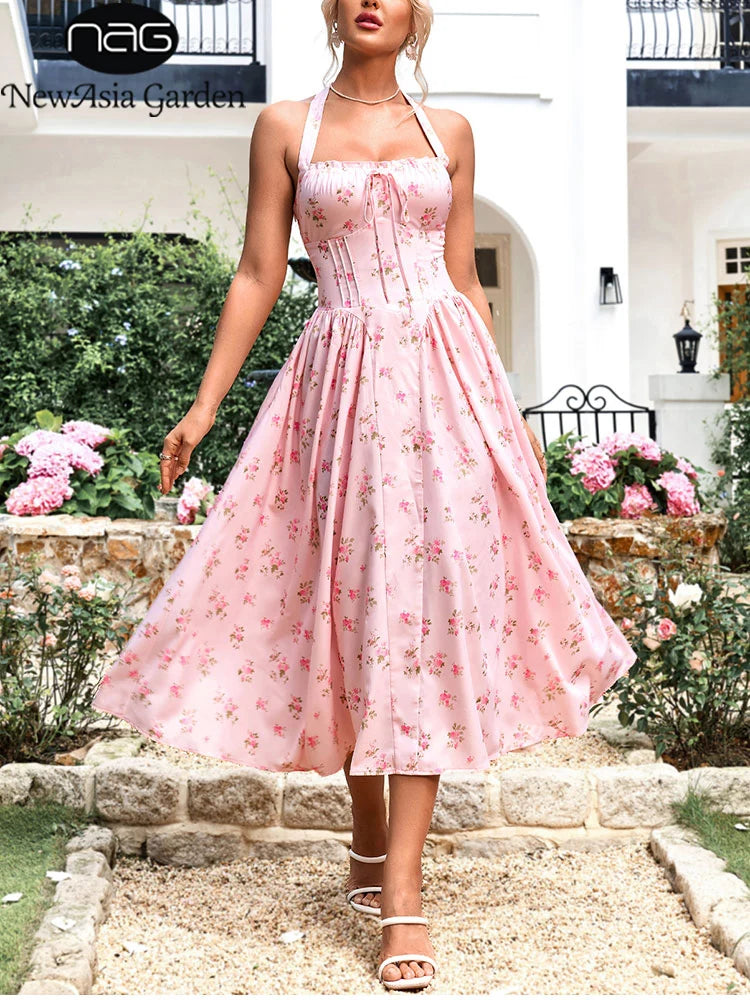 🌺 Floral Elegance – The New Halter Backless Midi Dress