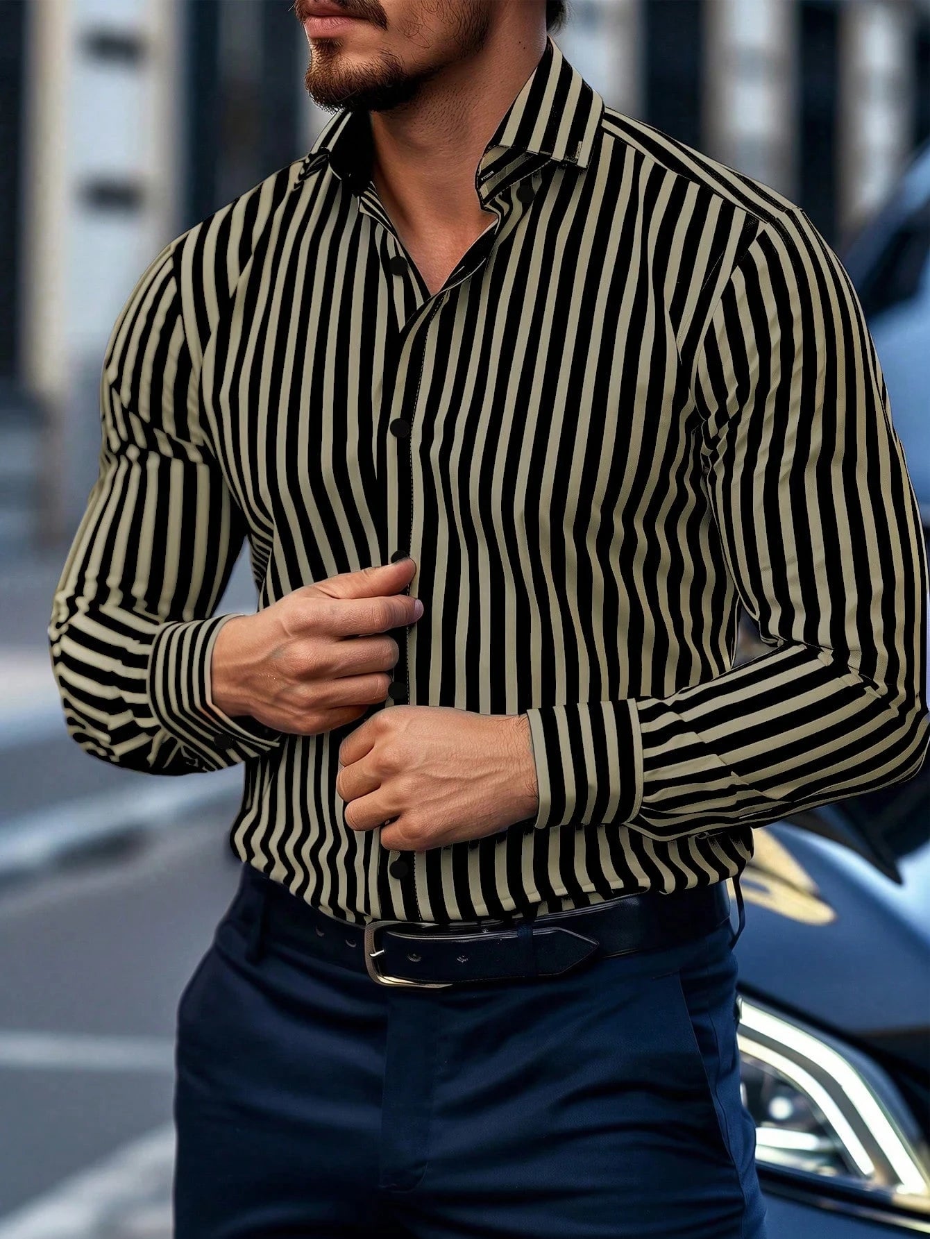 👔 Premium Men’s Striped Dress Shirt – Business Casual Perfection