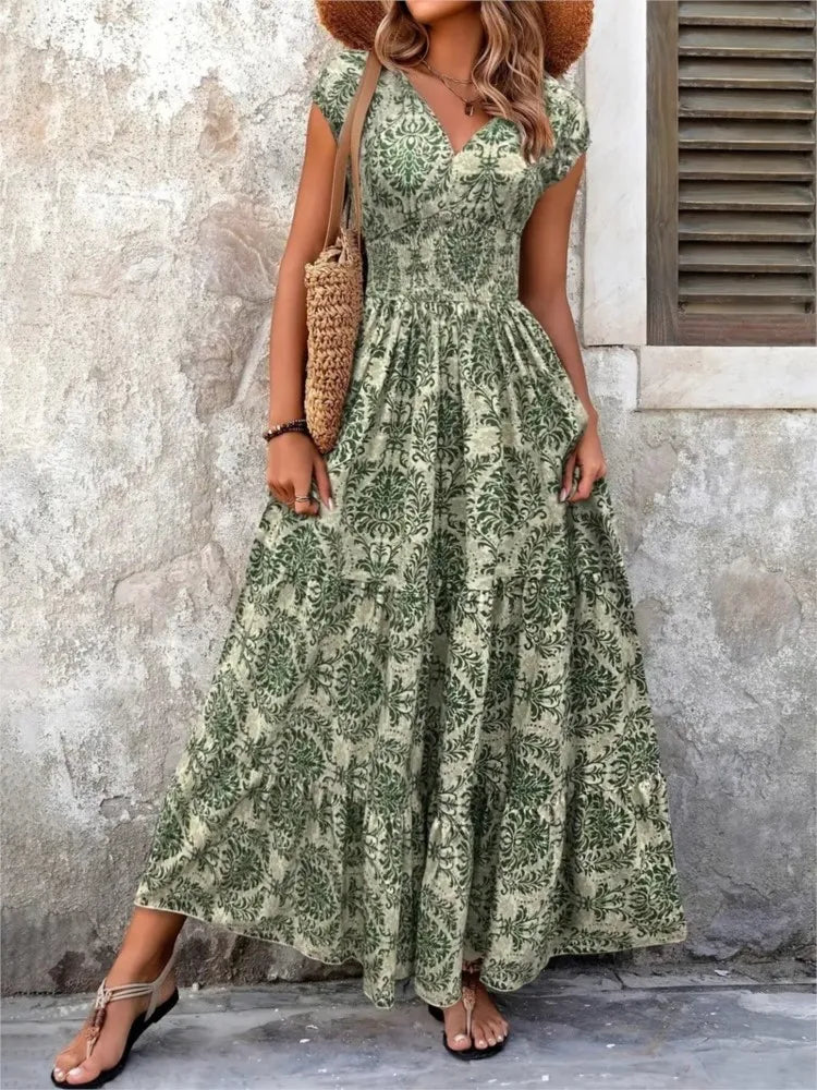 🌺 Women’s Summer Printed Long Dress – Elegant V-Neck Long Sleeve Pendant Dress