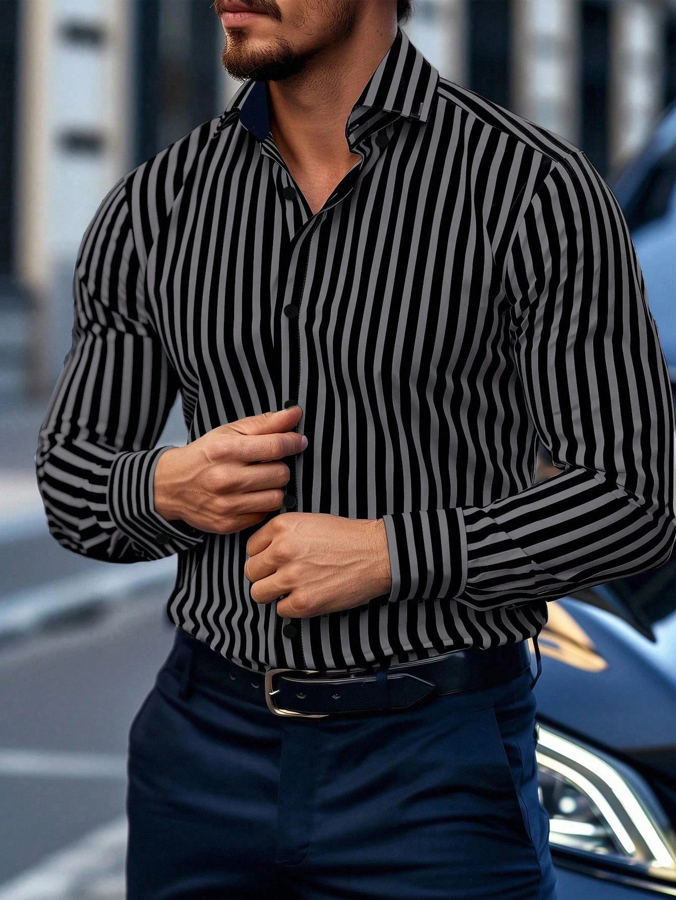 👔 Premium Men’s Striped Dress Shirt – Business Casual Perfection