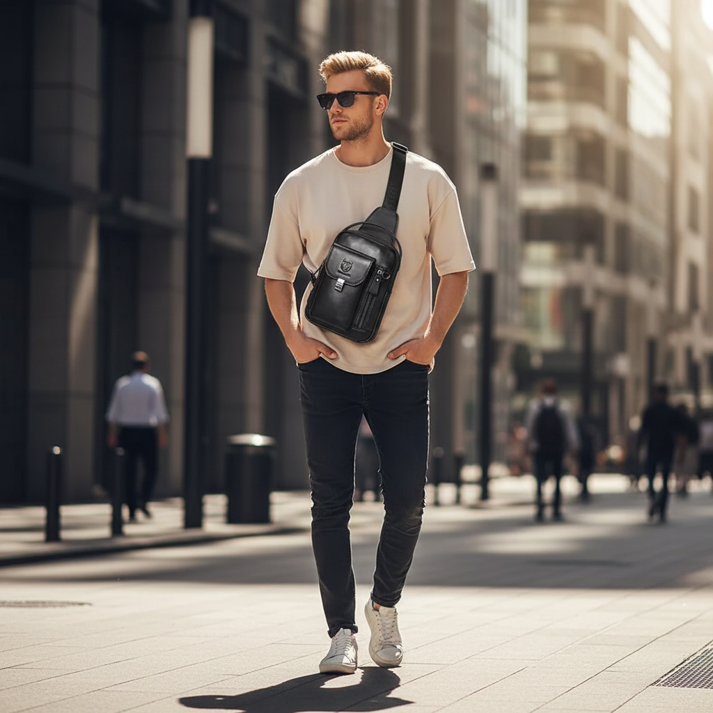 🦾 Men’s Genuine Leather Chest Bag – Retro Style Meets Modern Function