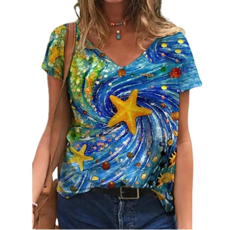 🌸 Women’s 3D Floral V-Neck T-Shirt – Summer Streetwear Chic in Full Bloom
