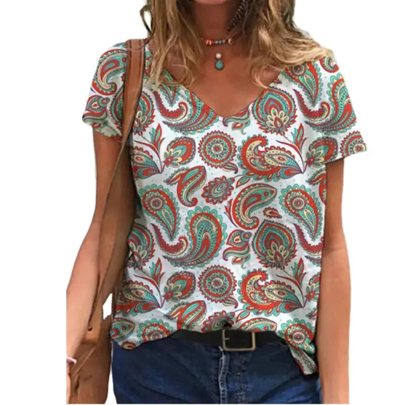 🌸 Women’s 3D Floral V-Neck T-Shirt – Summer Streetwear Chic in Full Bloom